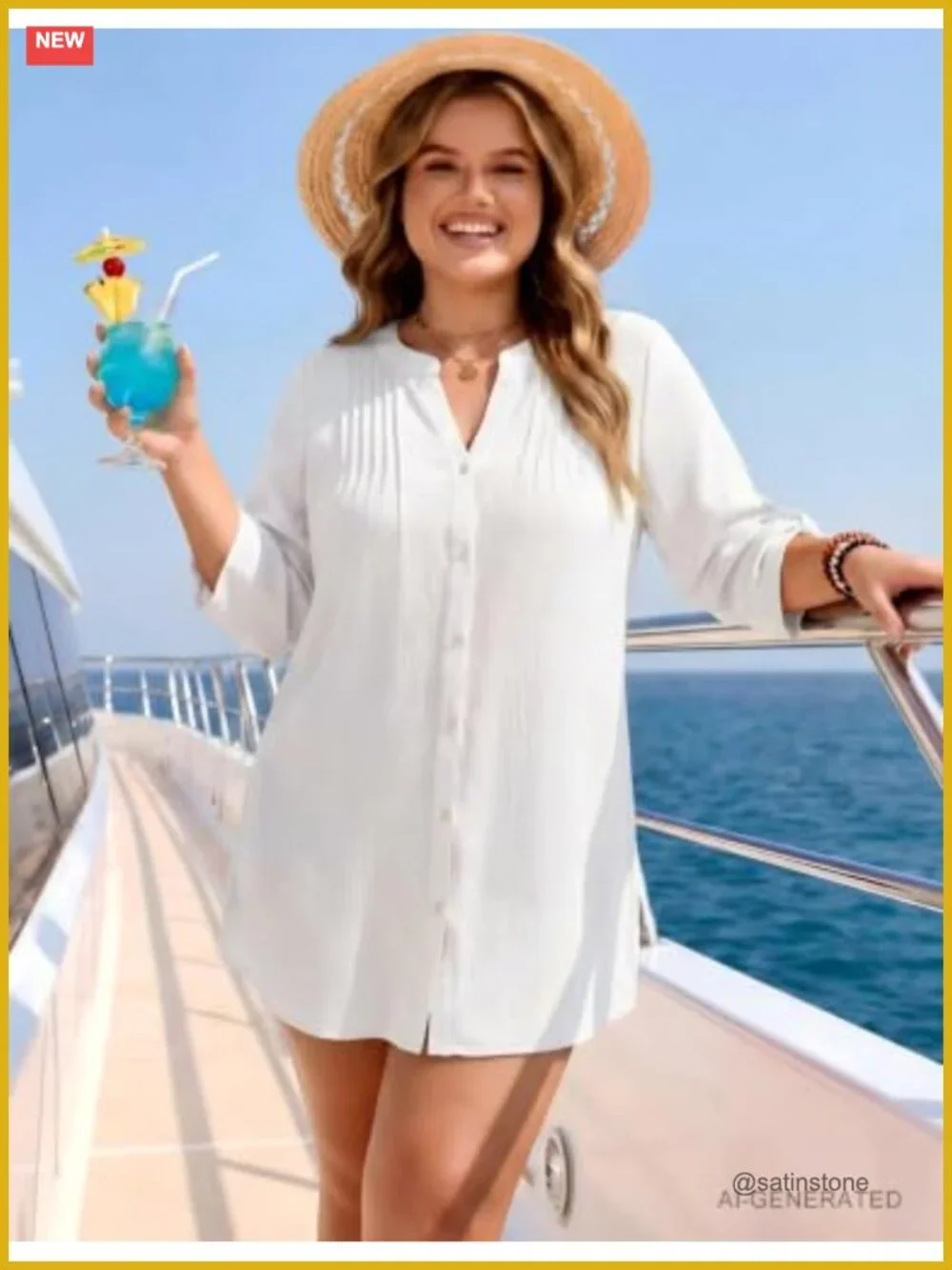 V Neck Button Down Swimsuit Cover Up 3/4 Sleeve Lightweight Beach Coverup